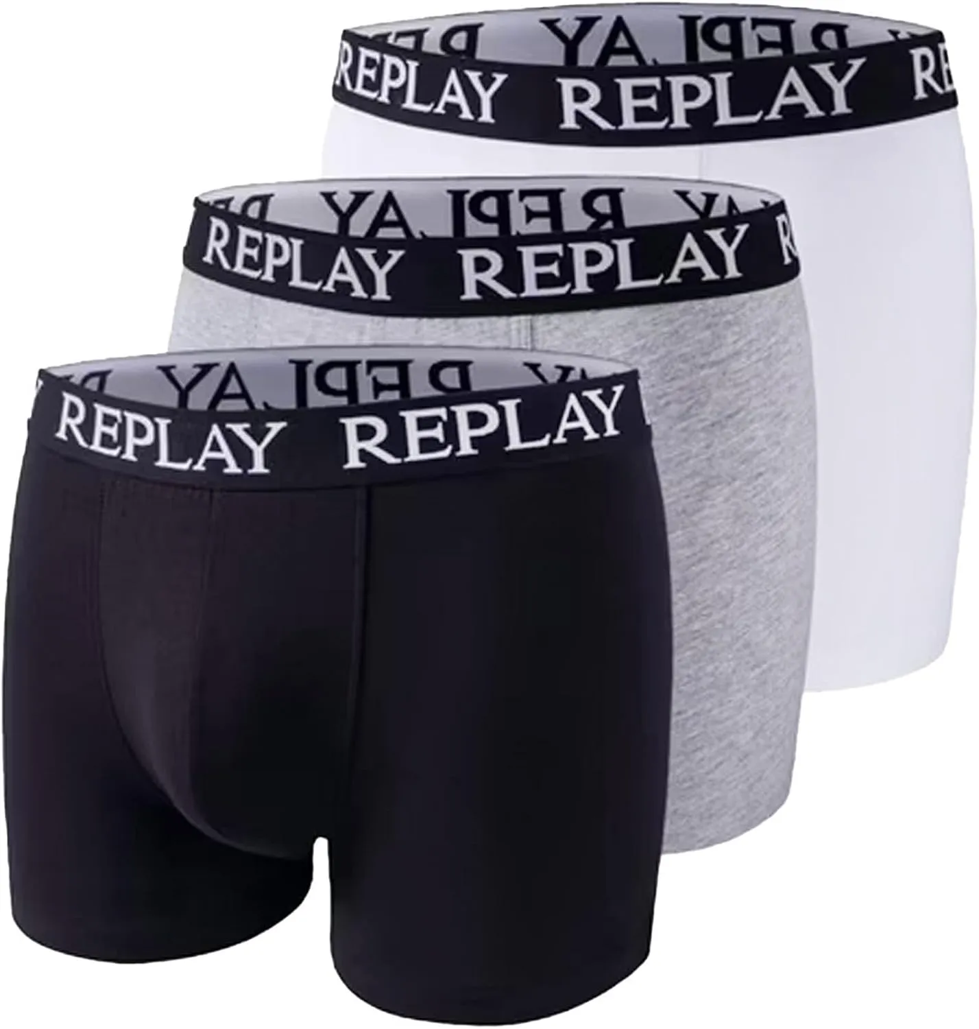 REPLAY Herren Boxershorts I101102BGW – Schwarz/Grau/Weiß, 3er Pack Cotton-Stretch GR. L