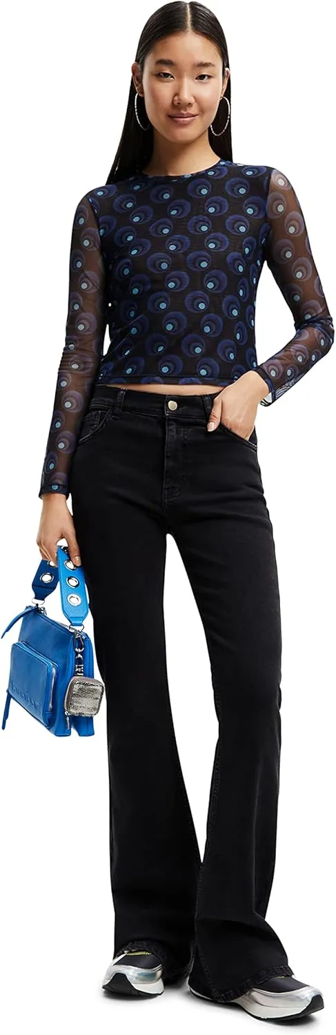 Desigual Damen Langarmshirt - Schwarzes Mesh-Shirt mit blauem Kreisprint 22WWTK815000 GR. XS