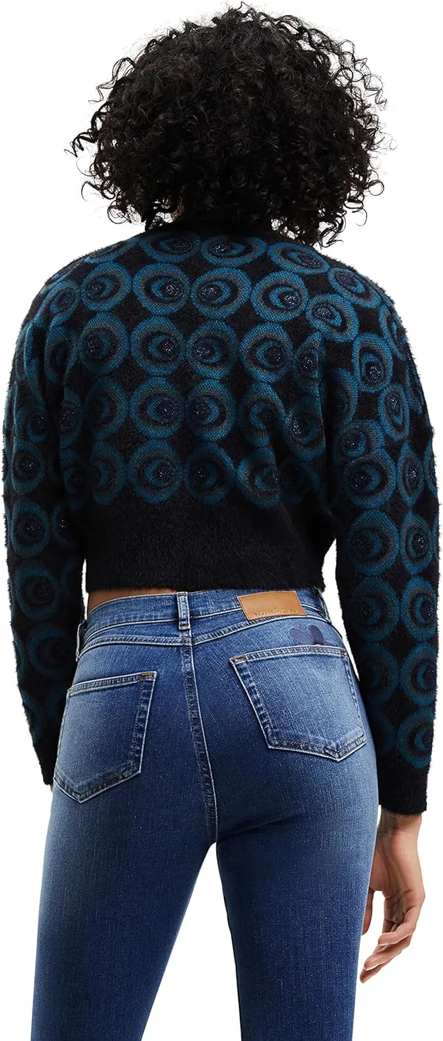 Desigual Damen Strickjacke - Schwarze Cardigan mit blauem Kreis-Muster 22WWJF874139 GR. M