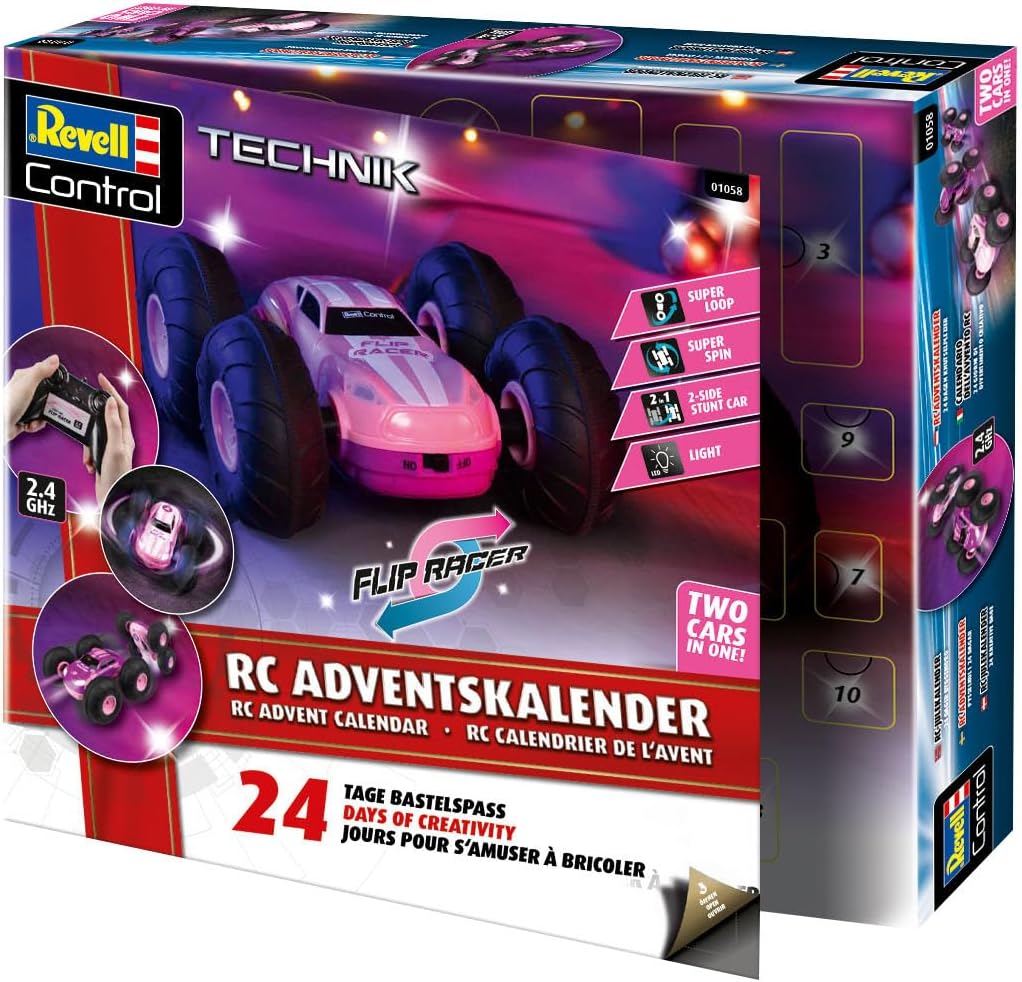 RC Stunt Car Flip Racer Pink – RC Adventskalender mit Stunt-Wagen von Revell Control Revell Control RC Adventskalender – Flip Racer Pink (01058) mit LED‑Spielsportwagen und 2,4 GHz Fernsteuerung