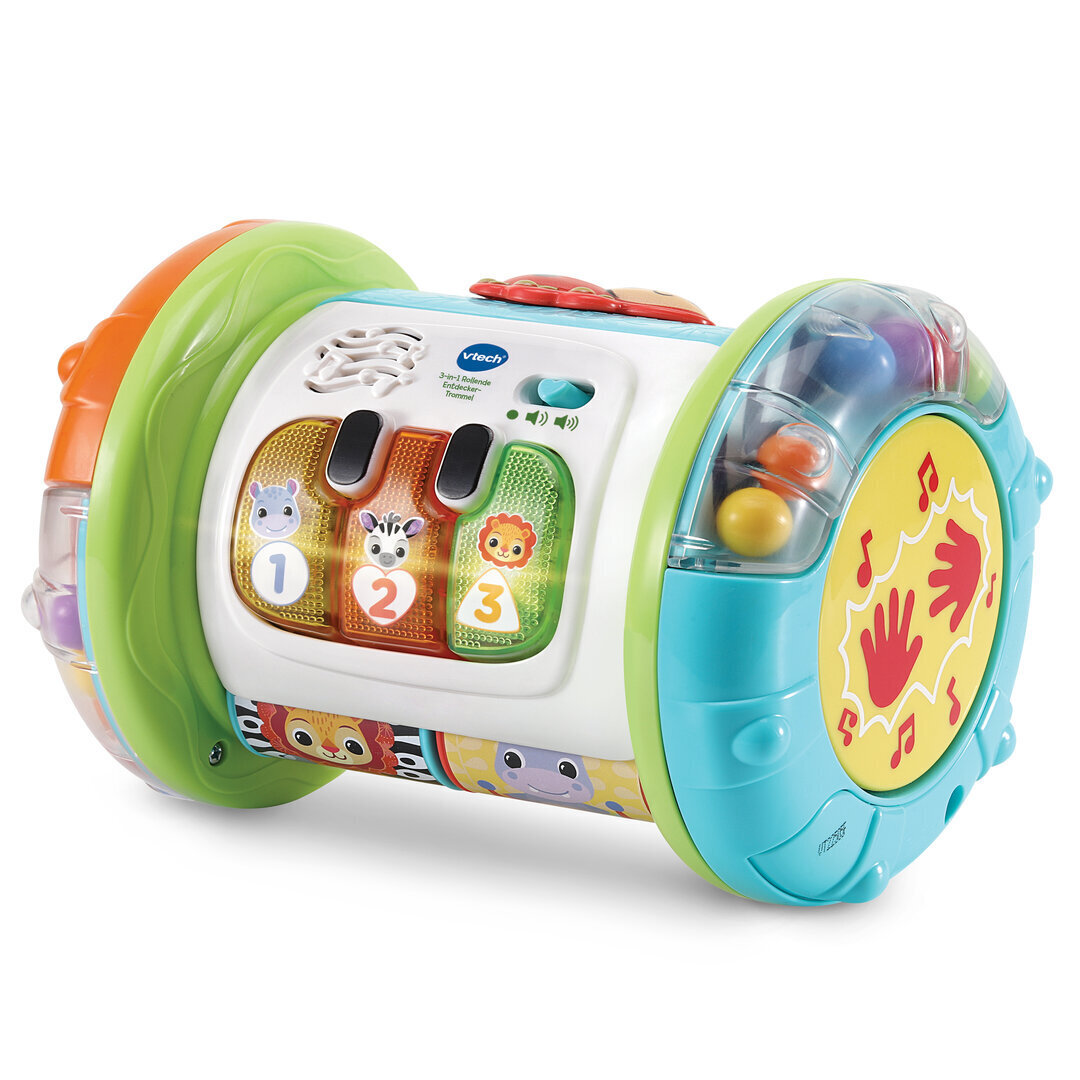 VTech 3-in-1 Rollende Entdecker-Trommel musikalischer Motorik-Spaß ab 9 Monaten VTech 3-in-1 Rollende Entdecker-Trommel in buntem Kunststoff  13,8×18,8 cm, Rollen, Trommeln, 5 Entdeckerseiten mit Leucht-Klavier, Musik 7 Lieder, 18 Melodien, Bewegungssensor, kindersicher, ab 9 Monaten, Spielzeug