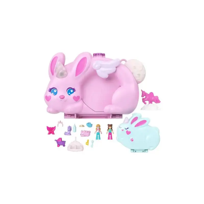 Polly Pocket 2-in-1-Bunny Fun Schatulle, tragbares Taschen-Spielset mit 2 Puppen und 12 Zubehörteilen inklusive Tieren