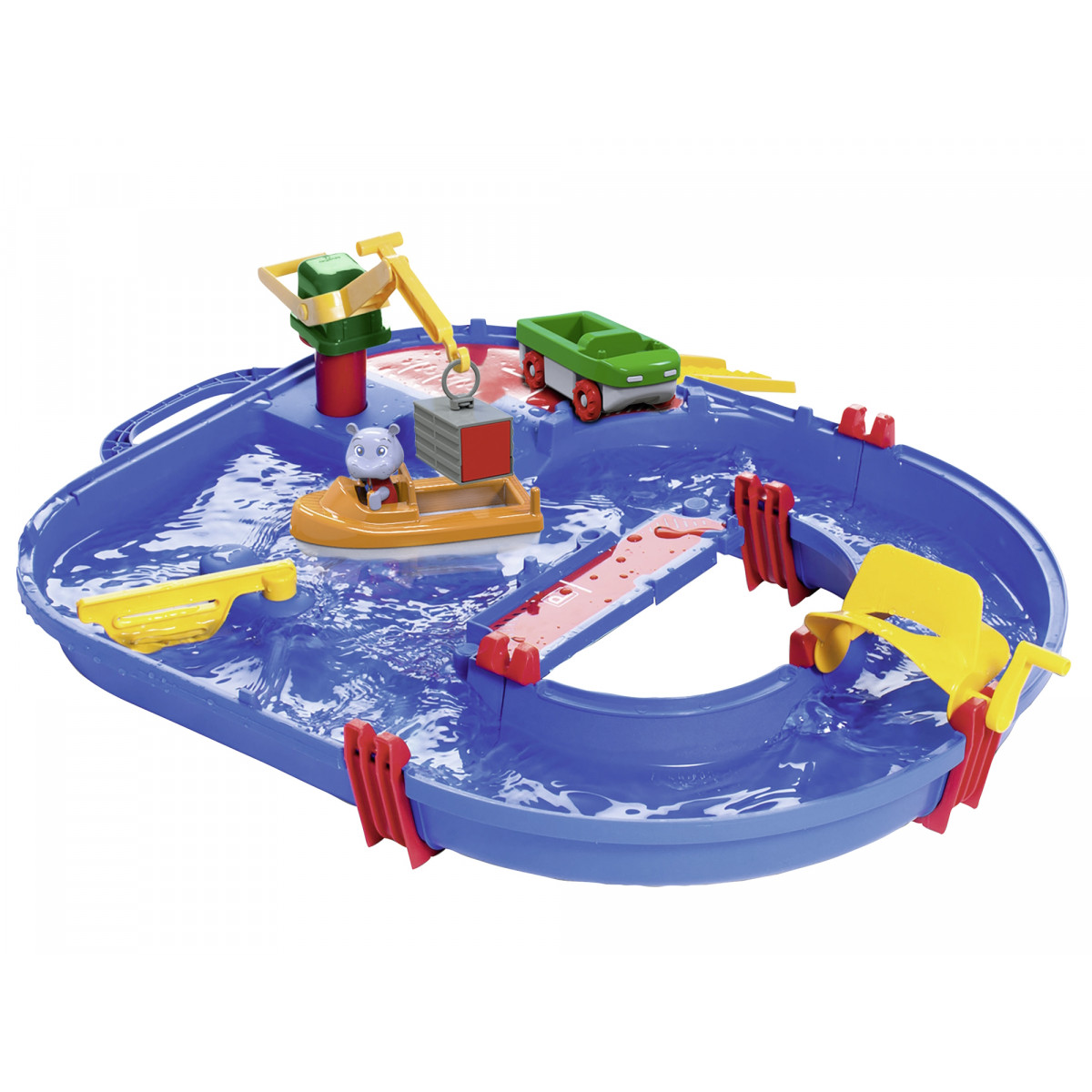 Aquaplay 8700001501 Start Set - Wasserbahn für wenig Platz mit 21 Teilen inklusive 1 Hippo Wilma, Amphibienauto und Containerboot