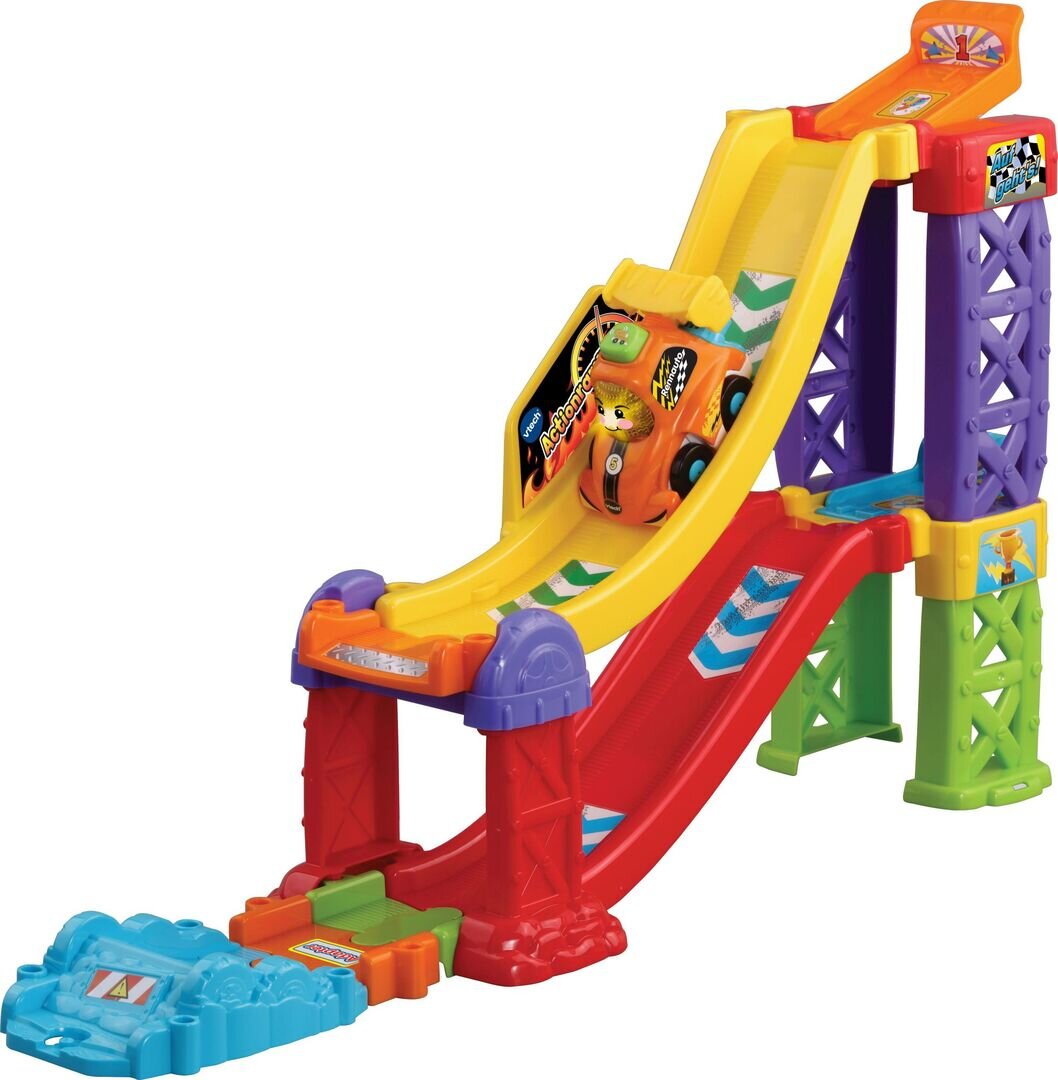 VTech Tut Tut Baby Flitzer Actionrampe 3-in-1 mit Sprungrampe, Startturm, Rennauto mit Spoiler-Taste, 2 magischen Sensoren, 3 Singlieder & 6 Kindermelodien, kindersicheres Batteriefach, ab 1 Jahr,