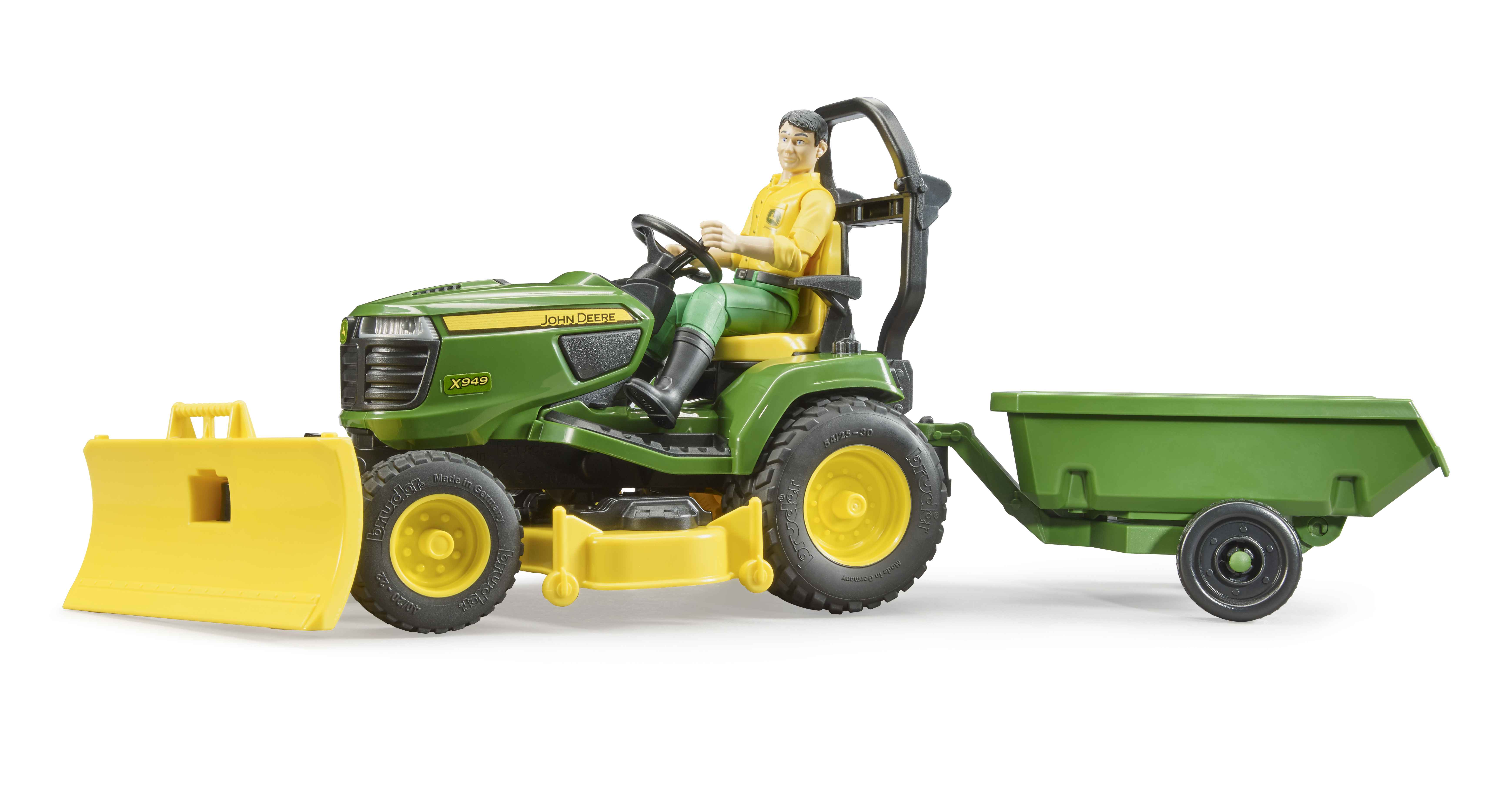 BRUDER 62104 - Bworld John Deere Rasentraktor mit Anhänger und Gärtner