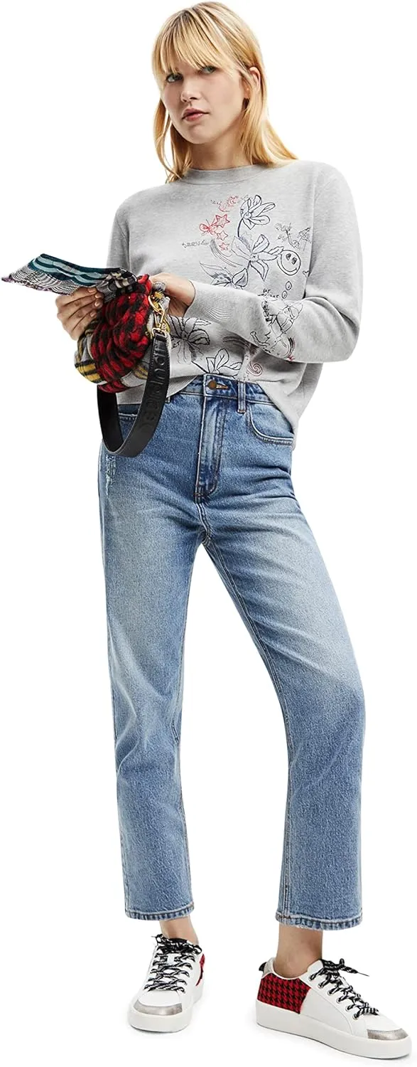 Desigual Damen Pullover - Grauer Sweater mit floraler Stickerei 22WWJFAF2042 GR. XS