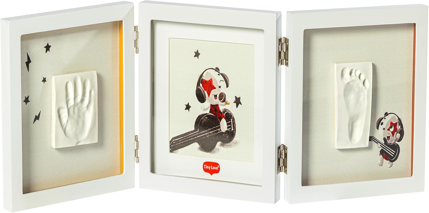 Tiny Love Double Frame White – Baby Hand- und Fußabdruck-Set im weißen Holzrahmen – Andenken für Neugeborene – Verpackung, Zubehör und Details sichtbar