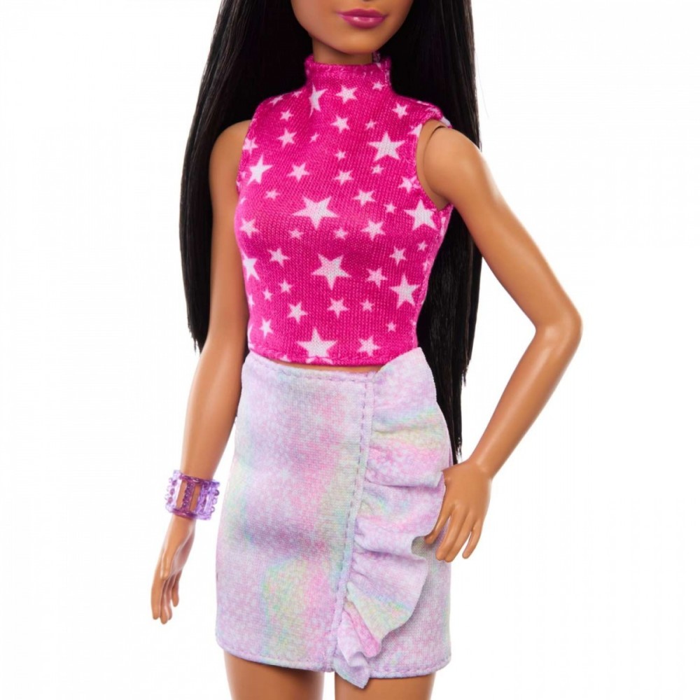 Barbie® Fashionistas-Puppe - 65th Anniversary, inspiriert von 1986, pinkfarbenes Oberteil mit Sternenmuster, schimmernder Rock mit Rüschen, weiße Stiefel & Armband, ab 3 Jahren