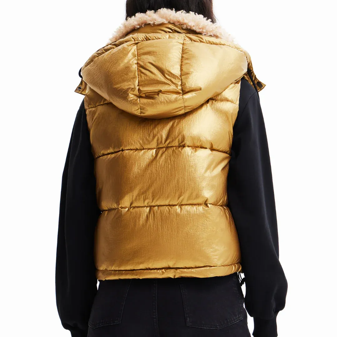 Desigual Damen Weste - Gold, Kurz-Steppweste mit Kunstfellkragen 22WWEW268033 GR. L