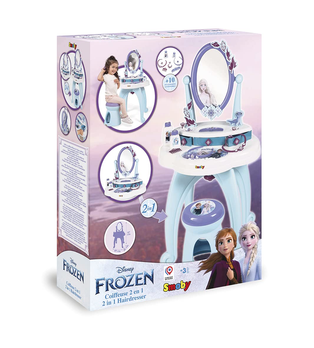 Smoby Frozen 2-in-1 Schminktisch mit Hocker, 10-teilig, ab 3 Jahren Smoby Frozen Schminktisch 2-in-1 mit Hocker und mehr als 10 Accessoires Spiegel, Stuhl, Schmuck, Parfumfläschchen, Kamm, 87×49×36 cm, ab 3 Jahren, Kind, Weiblich, Mädchen, Person