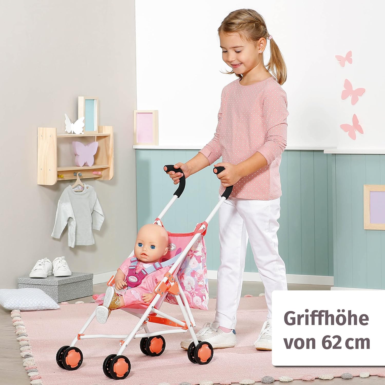 Baby Annabell Active Stroller - Faltbarer Puppenwagen mit 3-Punkt-Gurt & Netz Kind, Weiblich, Mädchen, Person, Baby