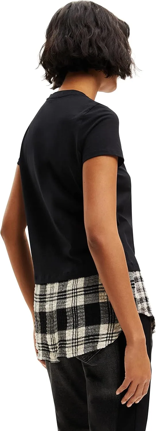 Desigual Damen T-Shirt - Schwarzes T-Shirt mit Karodetail und „Loving“-Print 22WWTKAF2006 GR. M