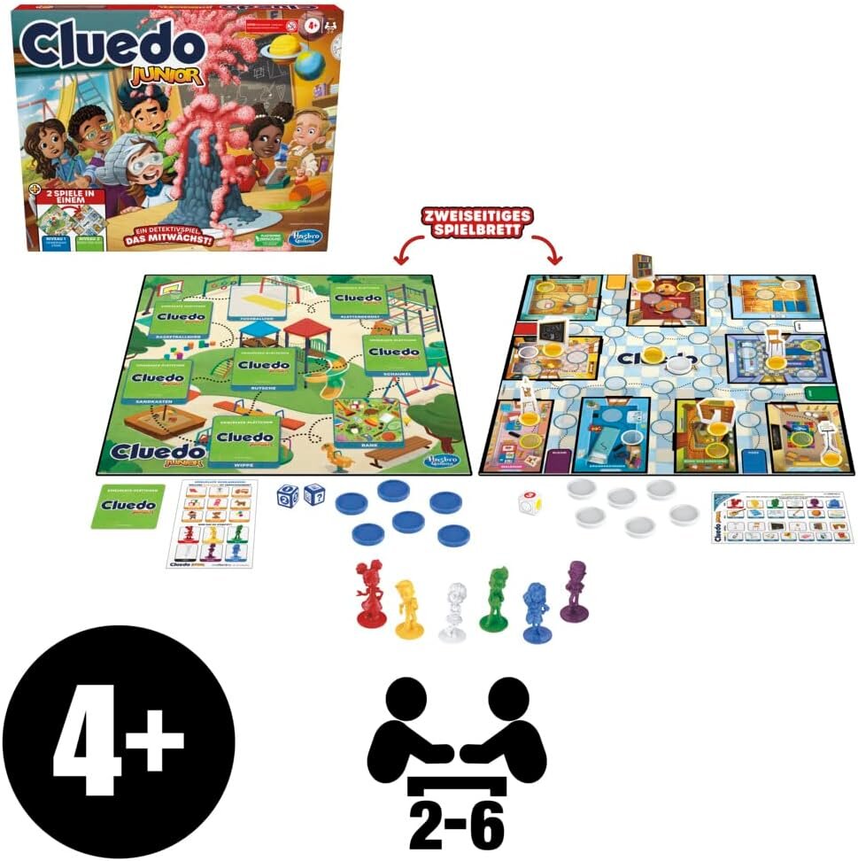 Cluedo Junior, 2-seitiges Spielbrett, 2 Spiele in einem, Detektivspiel für Kinder, Kinderbrettspiel, Junior Spiele Person, Spiel