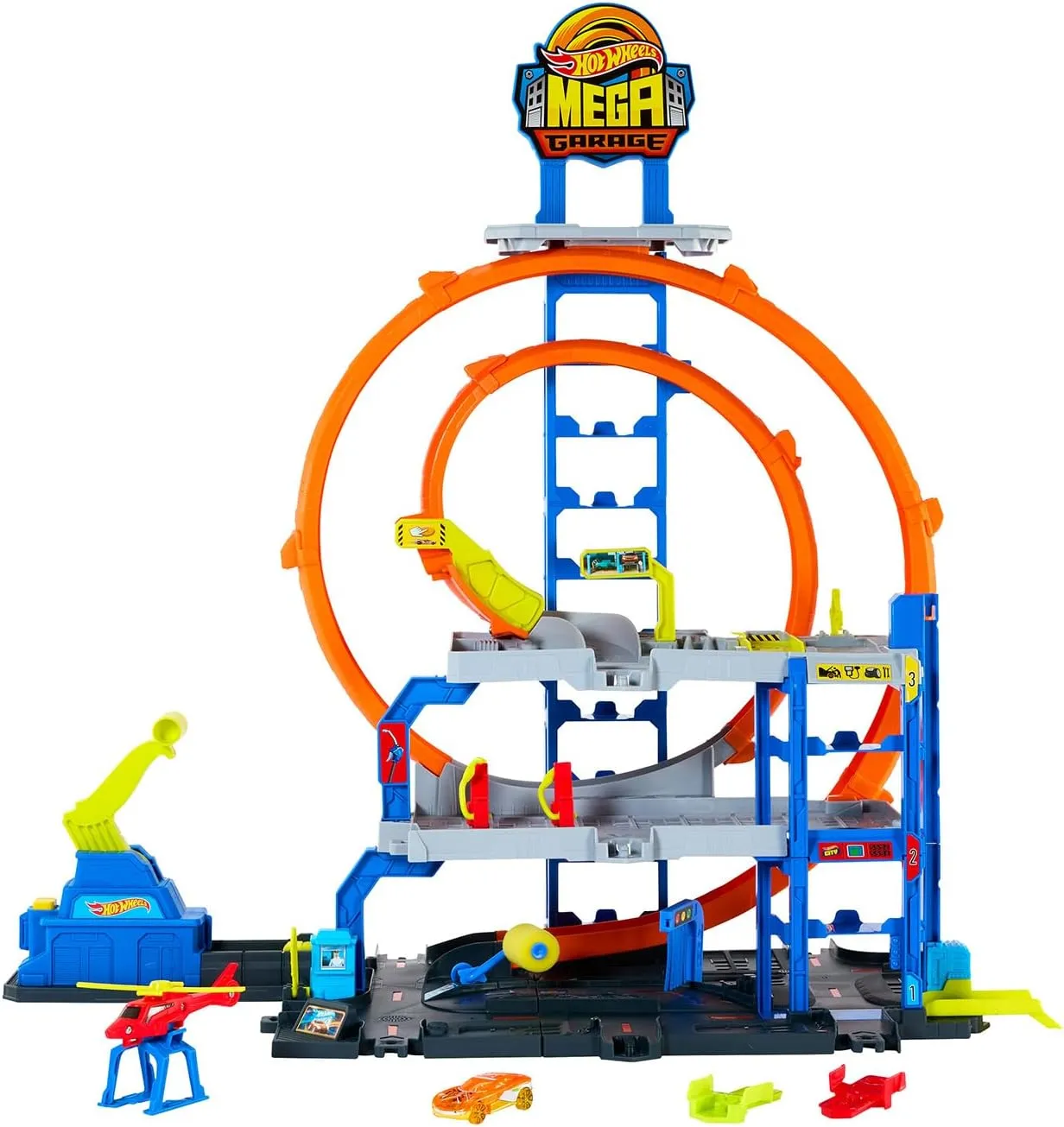 Hot Wheels City Mega-Parkgarage-Spielset mit 1 Die-Cast-Spielzeugauto und 1 Spielzeug-Hubschrauber im Maßstab 1:64 Hot Wheels City Mega-Parkgarage-Spielset mit 1 Die-Cast-Spielzeugauto und 1 Spielzeug-Hubschrauber im Maßstab 1:64