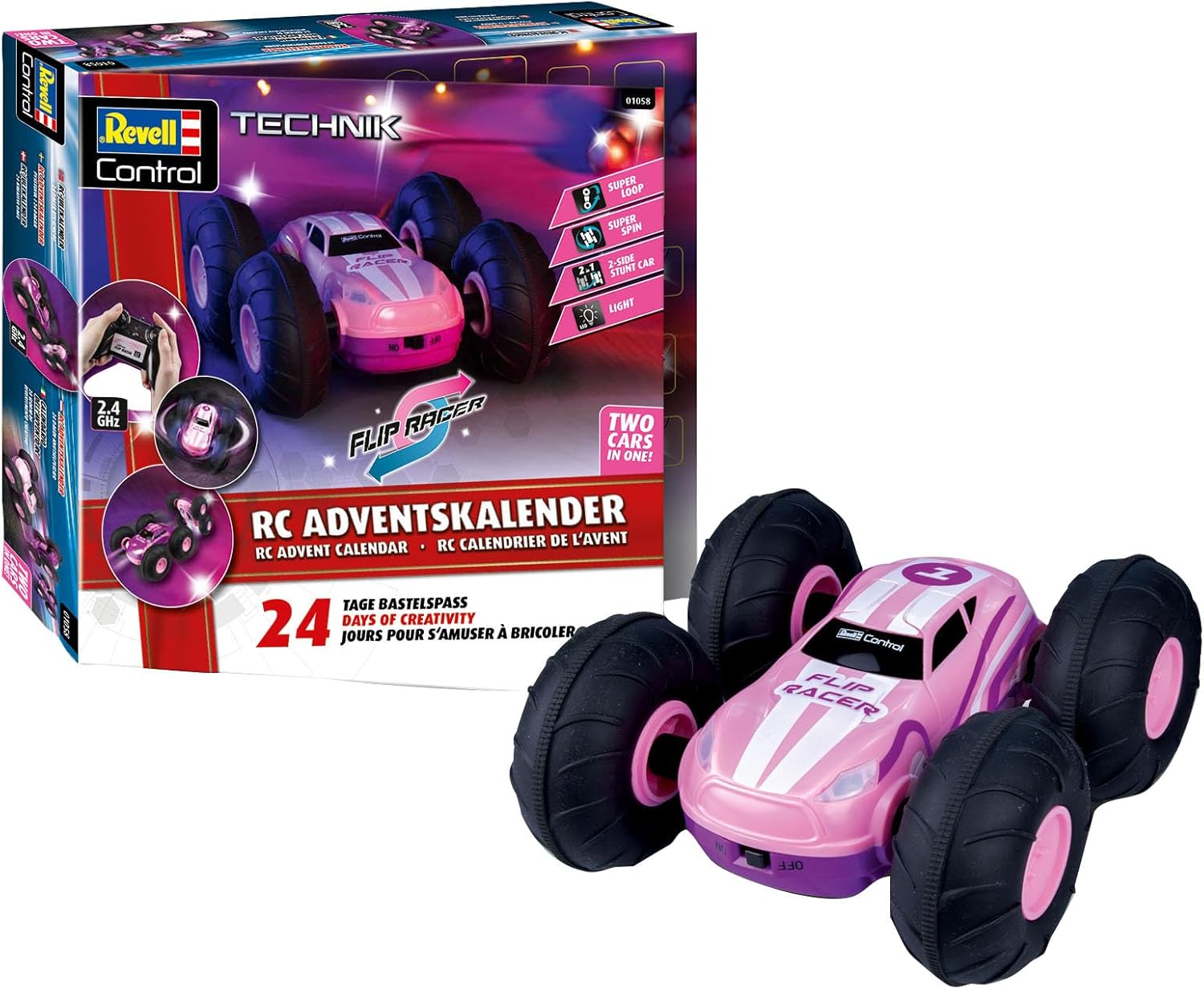 RC Stunt Car Flip Racer Pink – RC Adventskalender mit Stunt-Wagen von Revell Control Revell Control RC Adventskalender – Flip Racer Pink (01058) mit LED‑Spielsportwagen und 2,4 GHz Fernsteuerung