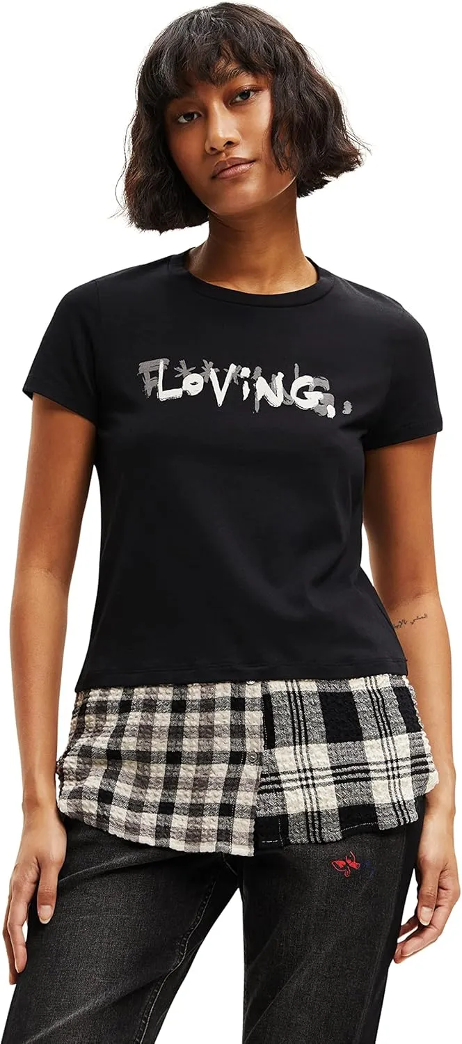 Desigual Damen T-Shirt - Schwarzes T-Shirt mit Karodetail und „Loving“-Print 22WWTKAF2006 GR. M