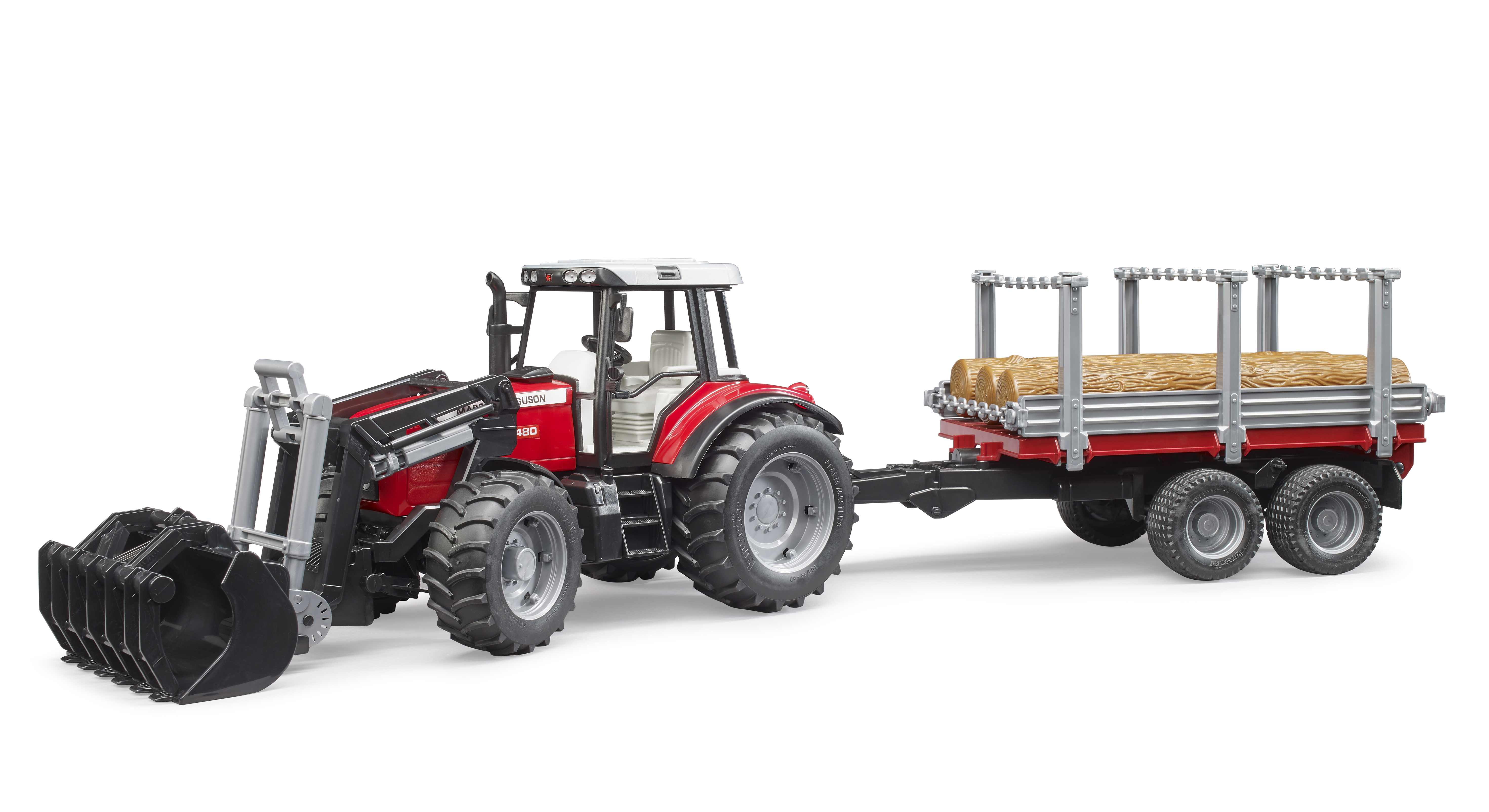 BRUDER 02046 - Massey Ferguson 7480 mit Frontlader, Holztransportanhänger und 3 Baumstämmen