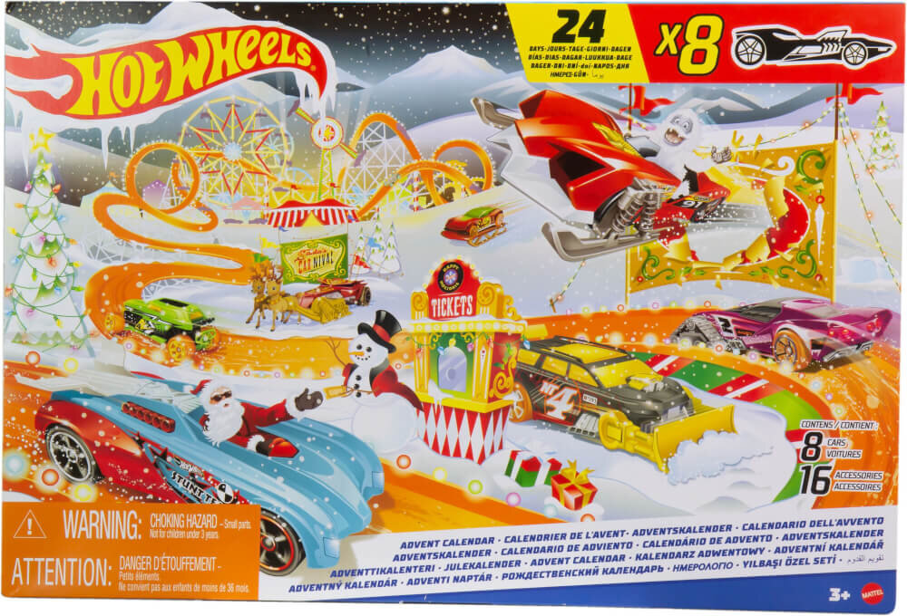 Hot Wheels Adventskalender – 24 Überraschungen mit 8 Fahrzeugen & Zubehör (Maßstab 1:64), Hot Wheels Adventskalender 2022 Hot Wheels Adventskalender – 8 Hot Wheels‑Fahrzeuge und 16 winterliche Zubehörteile im Maßstab 1:64, inklusive Spielmatte, Werbung, Plakat, Rad, Auto, Spielzeug