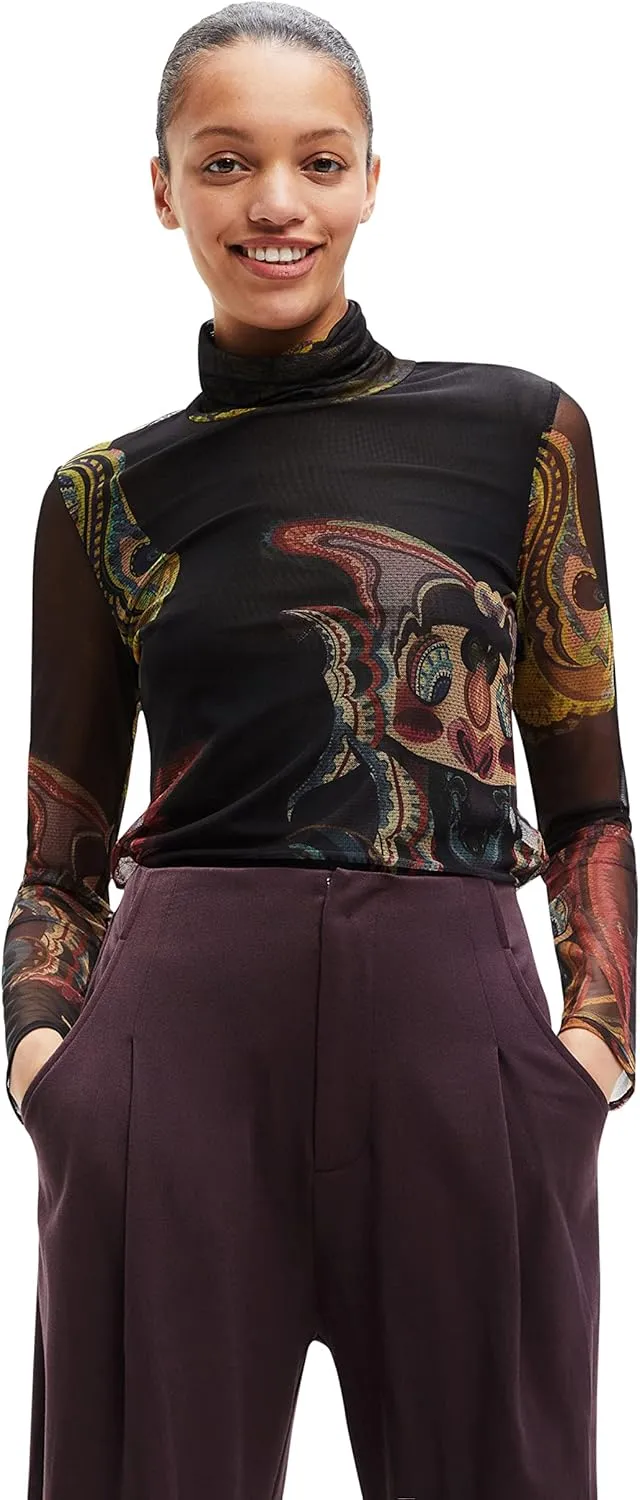 Desigual Damen Langarmshirt - Schwarzes Mesh-Shirt mit buntem Print 22WWTK392000 GR. M