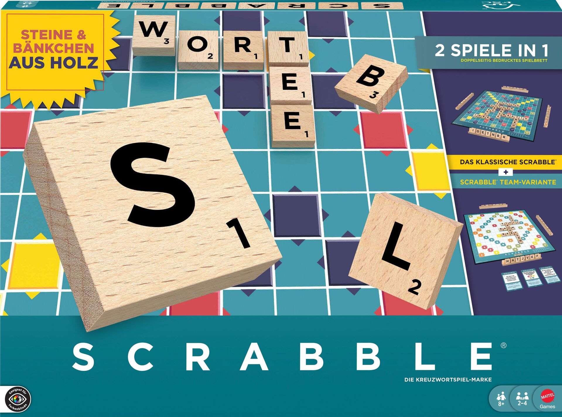 Produktfoto - Mattel - Scrabble Original Holz 2 in 1 (D) - Modell MATTEL JGR62 Produktbild fuer Online-Shop