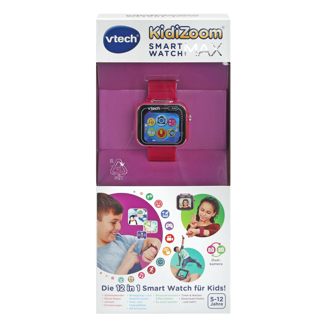 VTech KidiZoom Smart Watch MAX lila/pink Kinder-Smartwatch mit Duokamera & Touchscreen, ab 5 Jahren VTech KidiZoom Smart Watch MAX lila/pink mit Touch-Display, Front- & Rückkamera, Schrittzähler, Kreativ-Apps & Spiele, Wecker & Musik-Player, wiederaufladbar, spritzwassergeschützt, ab 5 Jahren, Flasche, Junge, Kind, Männlich, Person