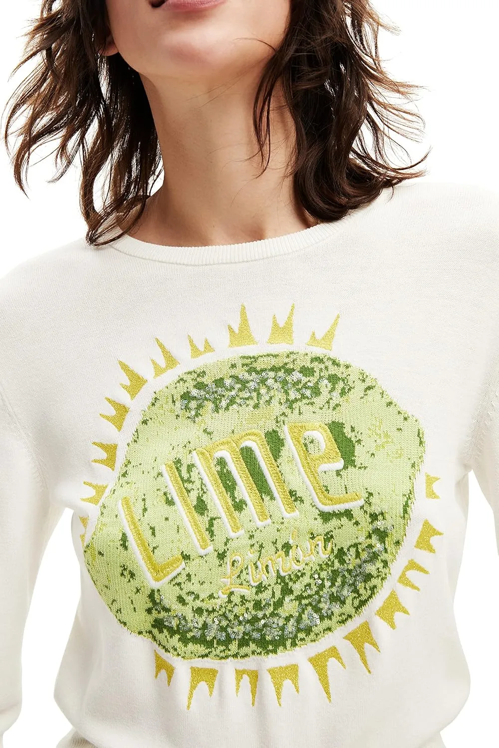 Desigual Damen Pullover - Strickpullover mit „Lime“ Paillettenmotiv 22WWJF311000 GR. S