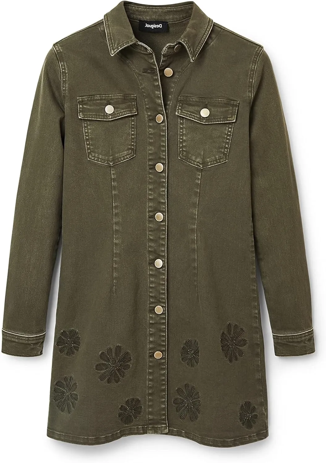 Desigual Damen Kleid - Khakifarbenes Jeanskleid mit Blumenstickerei 22WWVD144086 GR. L