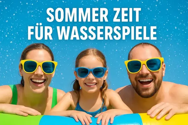 Kinder spielen im Sommer mit buntem Wasserspielzeug im Garten