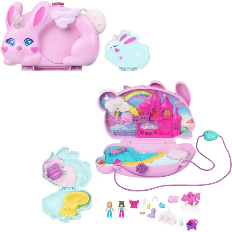Polly Pocket 2-in-1-Bunny Fun Schatulle, tragbares Taschen-Spielset mit 2 Puppen und 12 Zubehörteilen inklusive Tieren