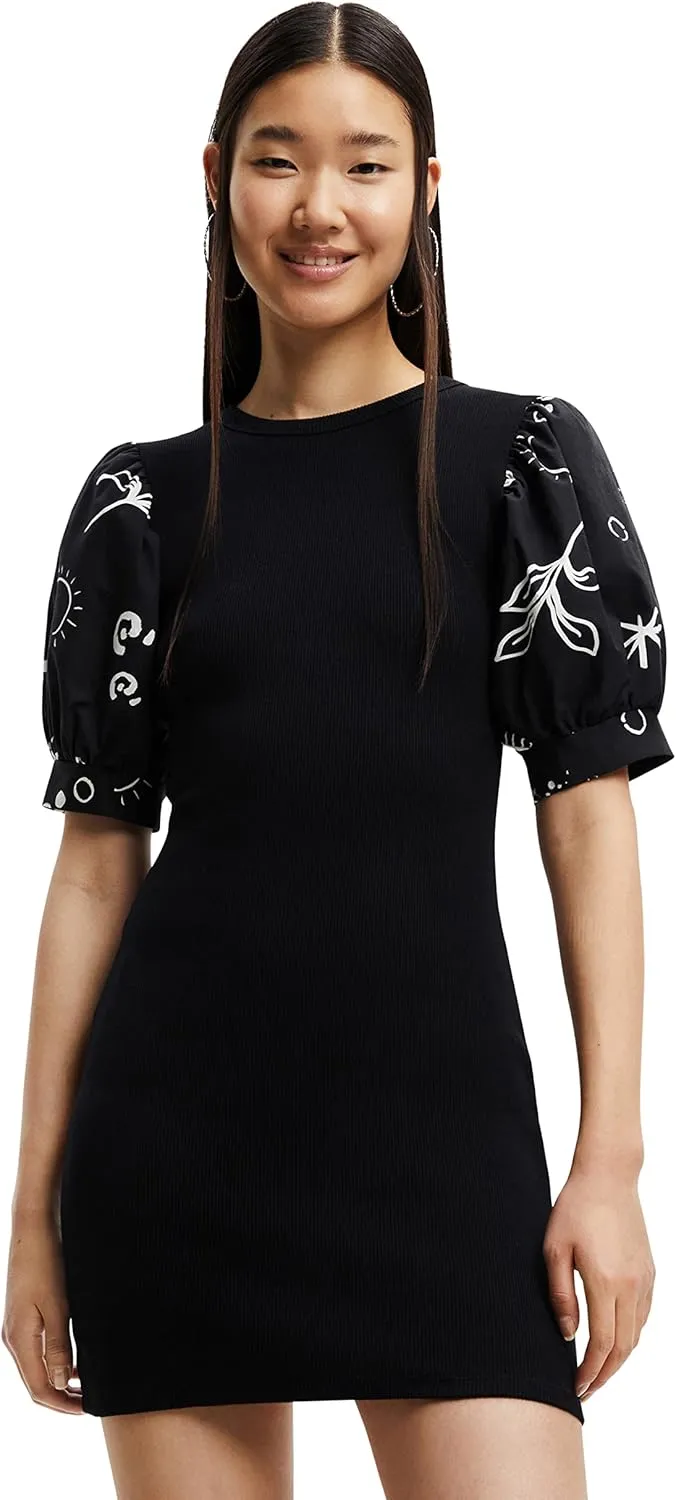Desigual Damen Kleid - Schwarzes Kleid mit Puffärmeln und Kontrastprint 22WWVK712000 GR. L