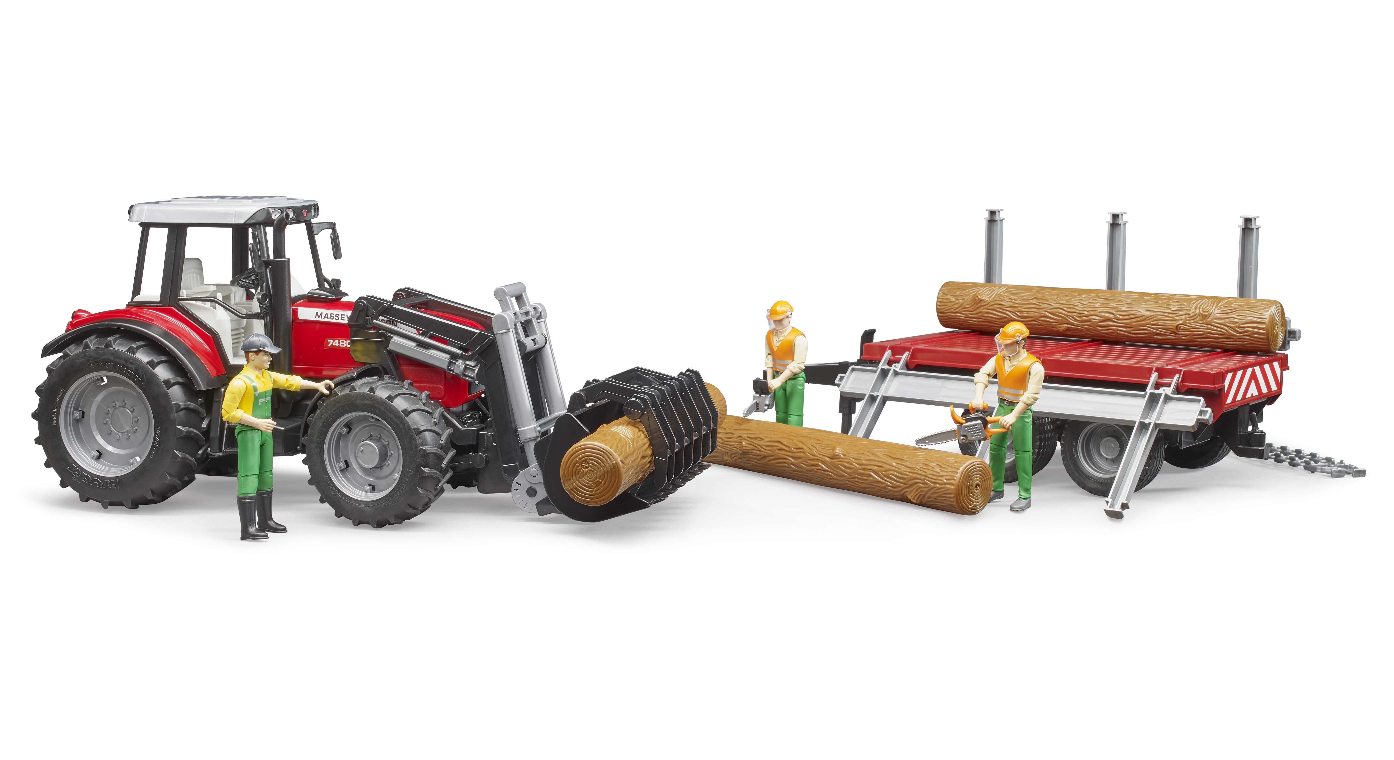 BRUDER 02046 - Massey Ferguson 7480 mit Frontlader, Holztransportanhänger und 3 Baumstämmen - Bild 3