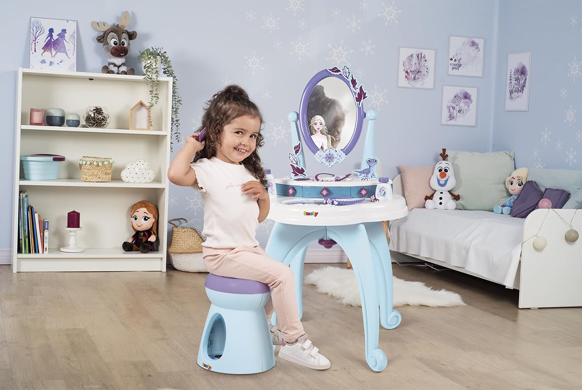 Smoby Frozen Schminktisch 2-in-1 mit Hocker und mehr als 10 Accessoires Spiegel, Stuhl, Schmuck, Parfumfläschchen, Kamm, 87×49×36 cm, ab 3 Jahren, Leute, Person, Sitzen, Drinnen, Mobiliar