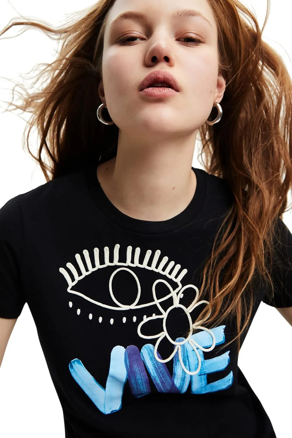 Desigual Damen T-Shirt - Schwarzes T-Shirt mit „VIVE“ Print 22WWTK172000 GR. XL