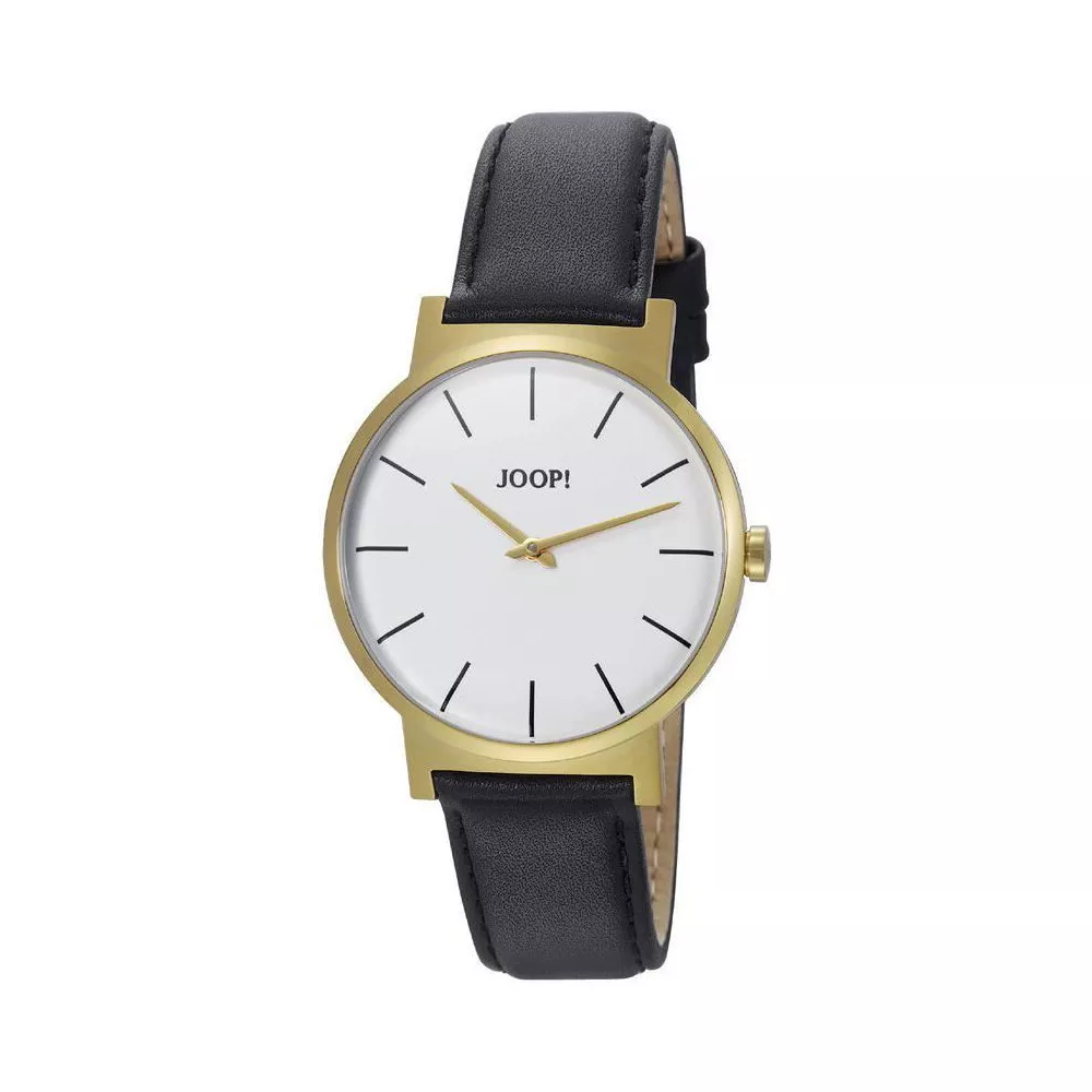 JOOP! Uhr - aus goldfarbenem Edelstahl, weißes Zifferblatt, schwarzes Lederarmband, Quarzwerk, Mineralglas, wasserdicht bis 3 bar, 42 mm, Herren