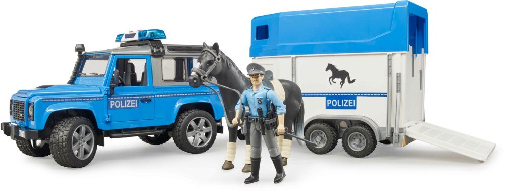 Bruder_02588_Land_Rover_Defender_Polizeifahrzeug,_Pferdeanhänger,_Pferd_Und_Polizist, Person, Maschine, Rad