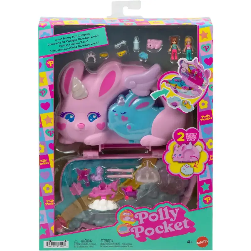 Polly Pocket 2-in-1-Bunny Fun Schatulle, tragbares Taschen-Spielset mit 2 Puppen und 12 Zubehörteilen inklusive Tieren