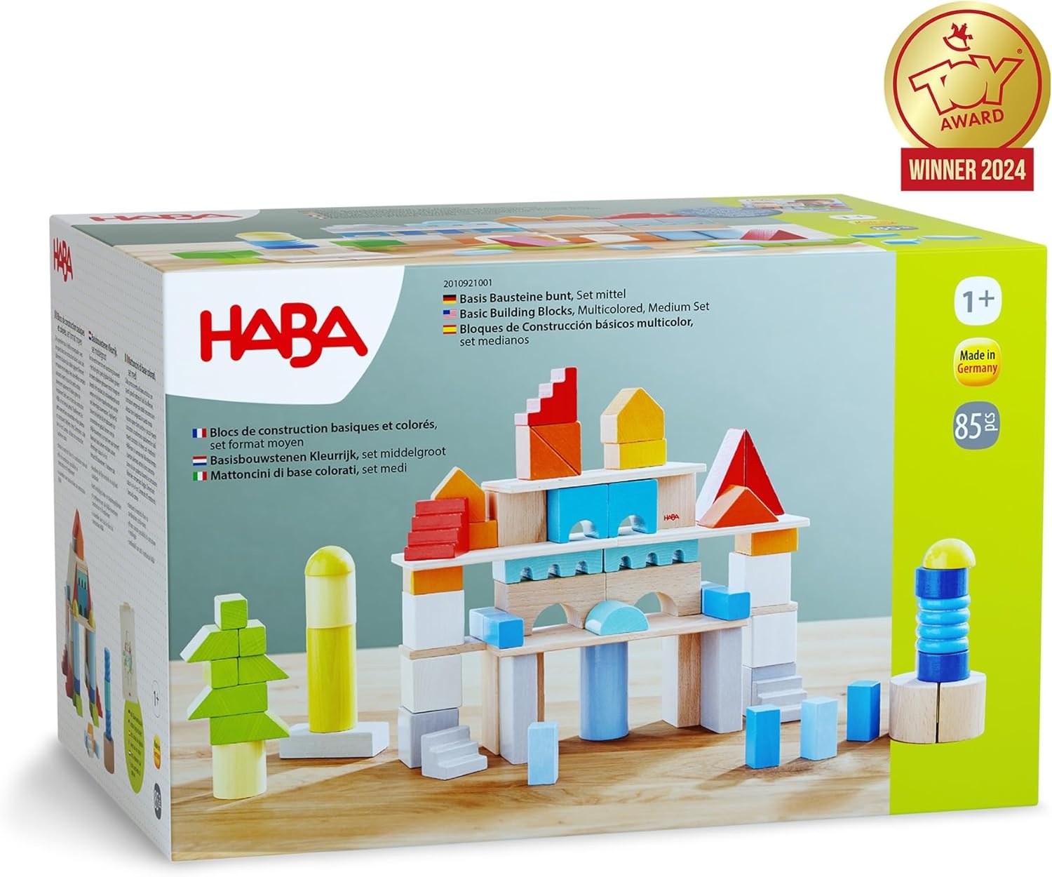 HABA 85 Basisbausteine bunt, Set mittel - Hochwertiges Holzbaustein-Set mit Aufbewahrungstasche
