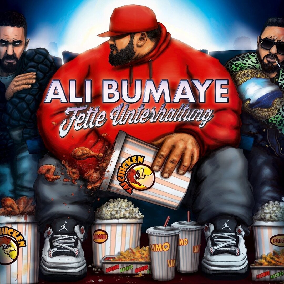 Ali_Bumaye_-_Fette_Unterhaltung, Werbung, Pokal, Einwegbecher, Baseball-Kappe, Turnschuh