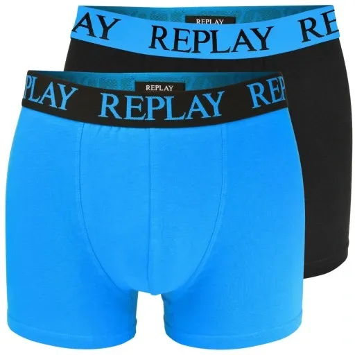 REPLAY Herren Boxershorts I101143BB - Blau/Schwarz, 2er Pack mit Logo-Bund GR. L