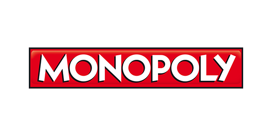 Monopoly-Logo – weißer Schriftzug auf rotem Banner, teilweise mit Mr. Monopoly als Spielfigur