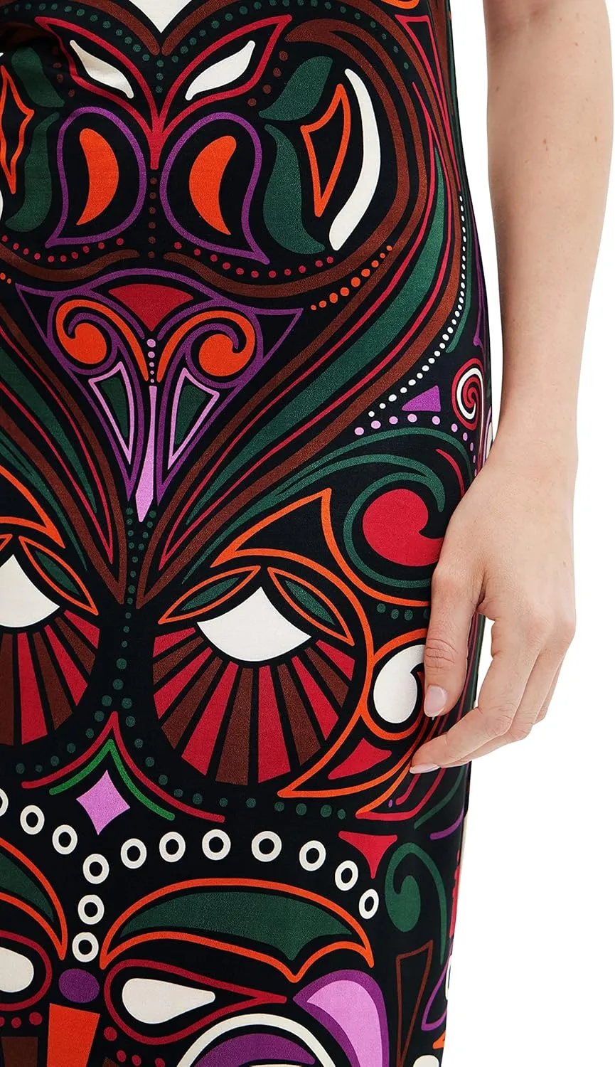 Desigual Damen Kleid - Buntes Midikleid mit Trägern und Retro-Muster 22WWVK232000 GR. L