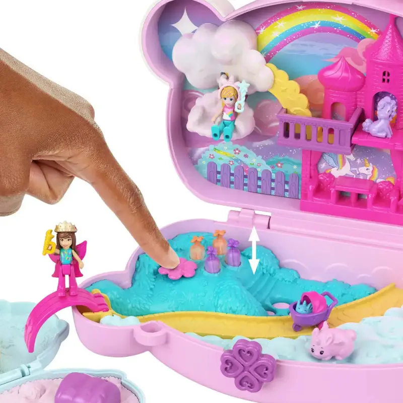 Polly Pocket 2-in-1-Bunny Fun Schatulle, tragbares Taschen-Spielset mit 2 Puppen und 12 Zubehörteilen inklusive Tieren