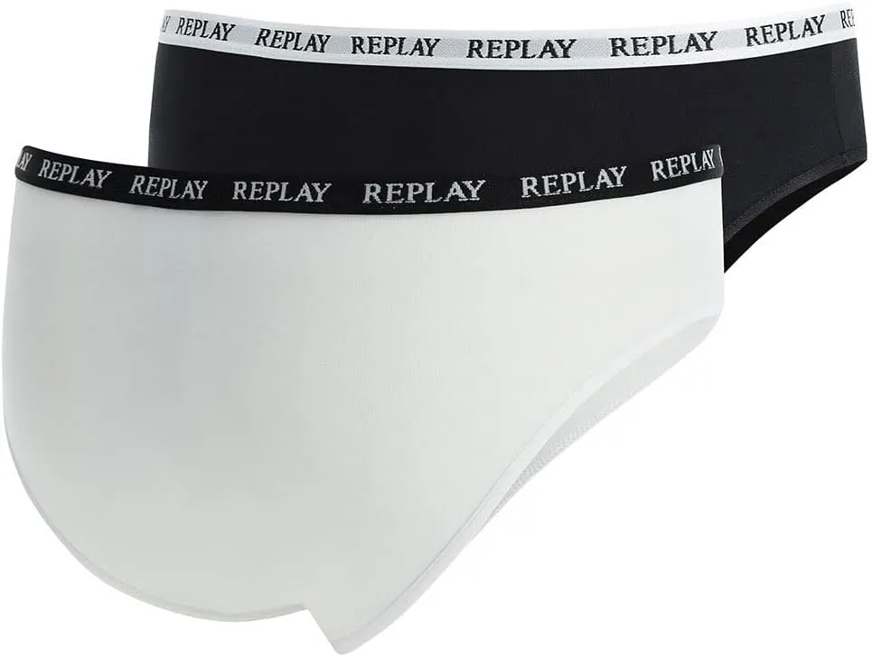 REPLAY Damen Slips I101297BW - Schwarz/Weiß, 2er Pack mit Logo-Bund GR. L