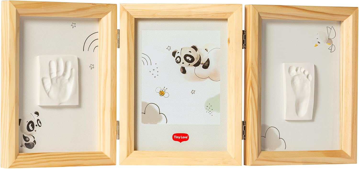 Tiny Love Doppelter Bilderrahmen – Baby Hand- und Fußabdruck-Set – Holzrahmen, Ton, All-in-One – Verpackung, Zubehör und Details sichtbar