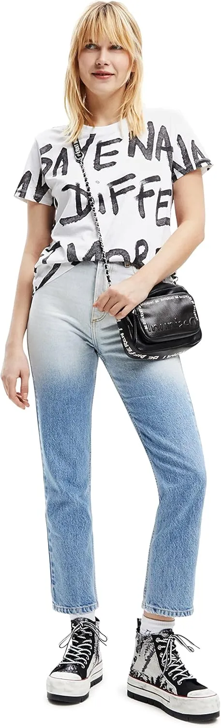 Desigual Damen T-Shirt - Weißes T-Shirt mit Schriftprint 22WWTK211000 GR. XS