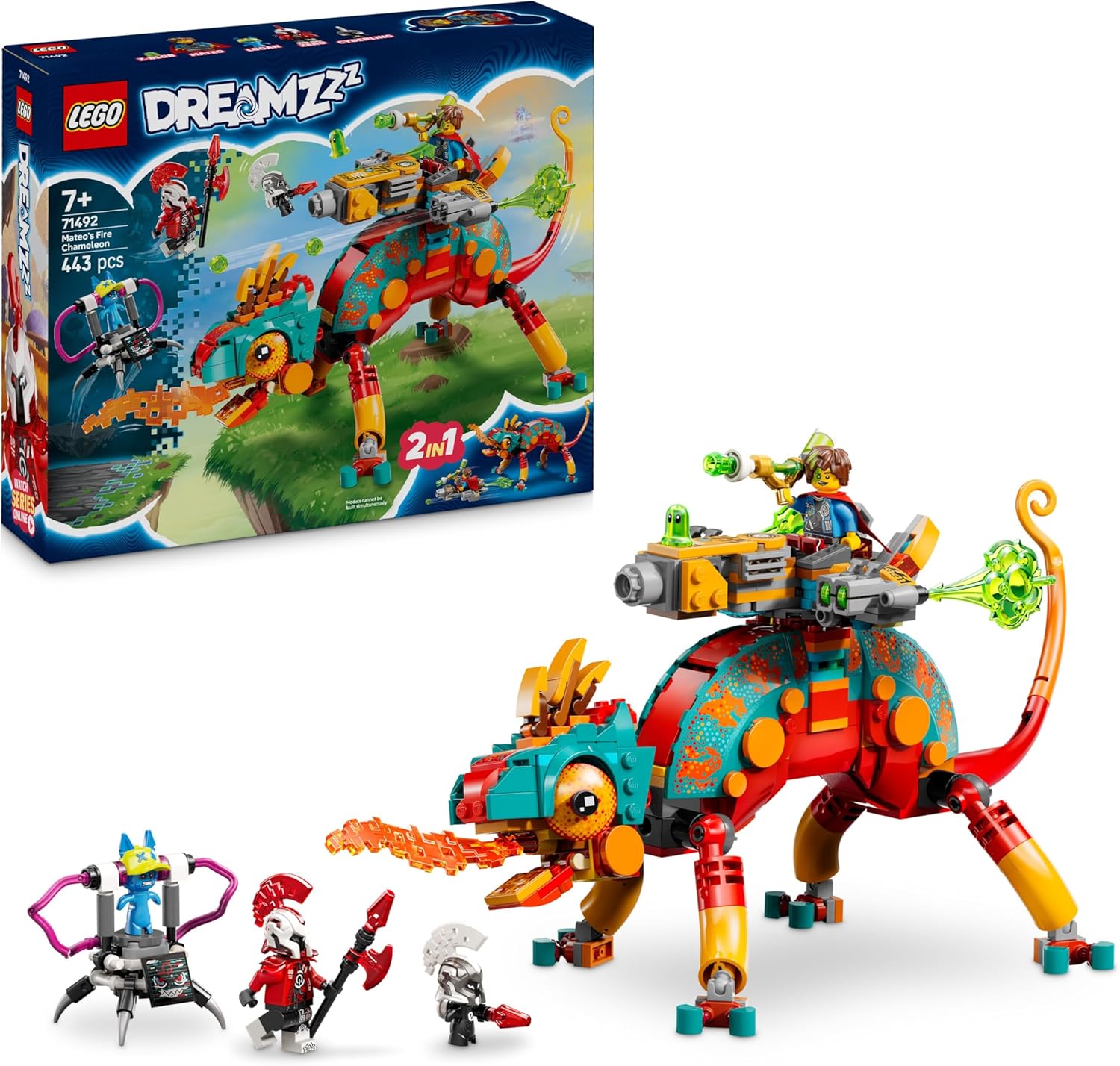 LEGO® DREAMZzz 71492 Mateos Feuer-Chamäleon – Verpackung, Zubehör und Details sichtbar