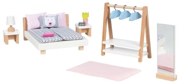 goki Puppenhaus Schlafzimmer - 18-teilig, modernes Design, Holz & Stoff