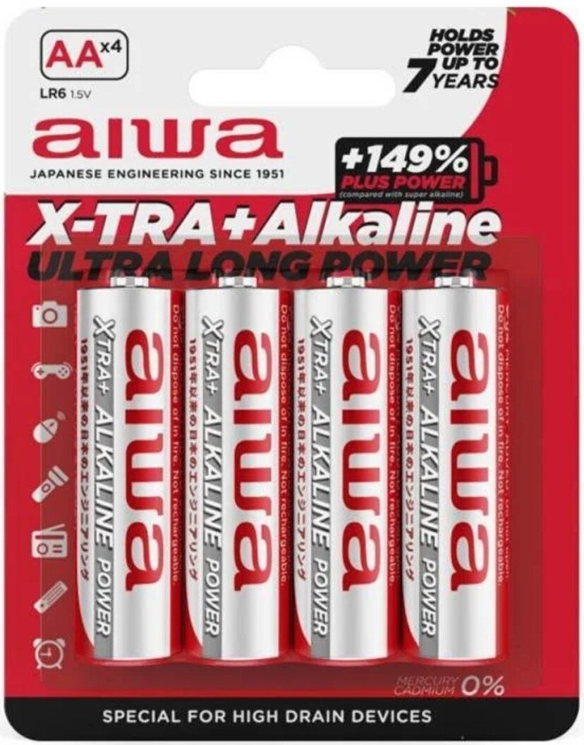 Aiwa_mit_4_Batterien_AA_X-TRA+Alcaline_LR6_1,5V, Kann, Zinn
