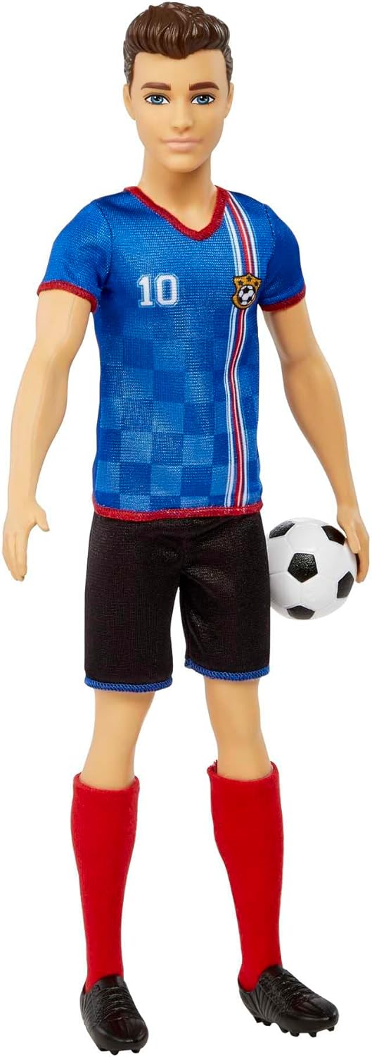 Barbie® Ken Fußballspieler-Puppe - 29 cm, You Can Be Anything Serie, blaues Trikot mit Nummer 10, schwarze Shorts, rote Stutzen, Fußball-Zubehör, ab 3 Jahren