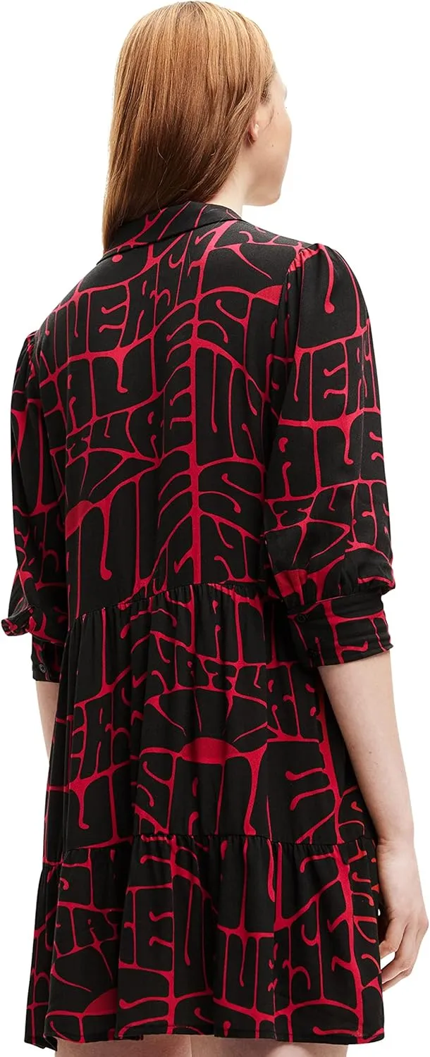 Desigual Damen Kleid - Schwarzes Kleid mit pinkem Schriftzug-Print 22WWVW203001 GR. S